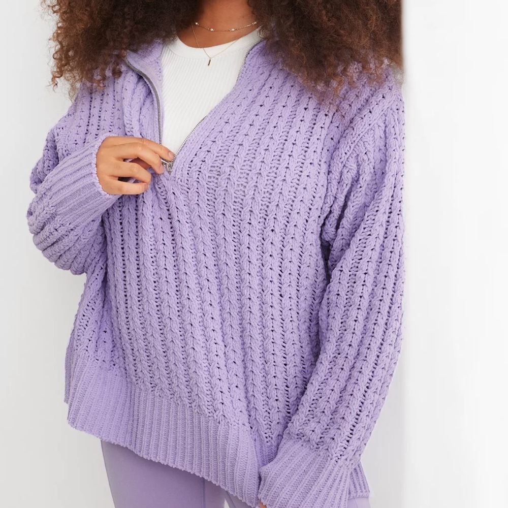 Aerie Cable Car Quarter Zip Sweater Purple